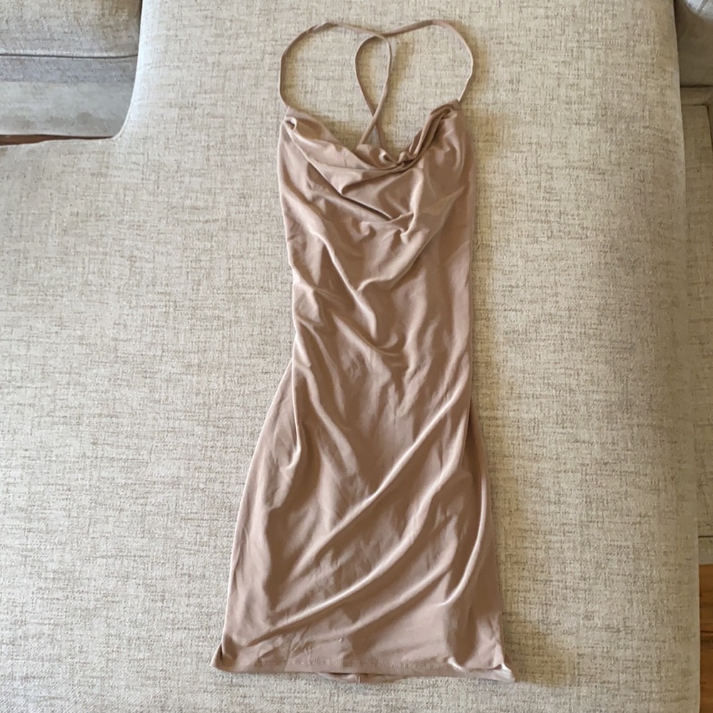 🪞 NEW windsor classic front cowl neck strappy champagne gold sheen nude dress